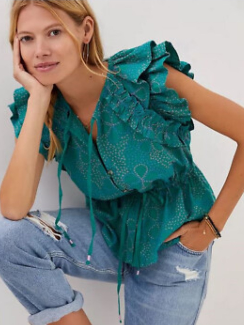 Anthropologie Maeve Teal Ruffled Embroidered Blouse XS